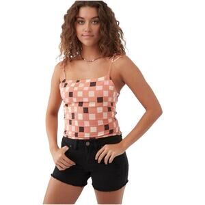 O’Neill Pink Geometric Smocked Crop Top XS Tie Strap Tank NWT